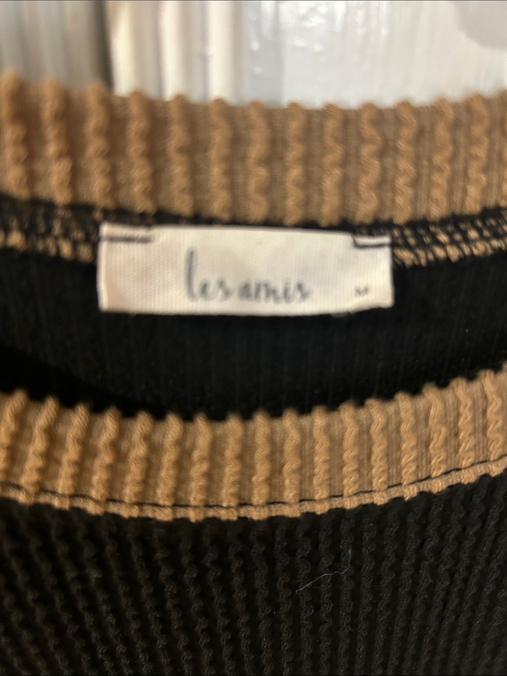 Women’s Short Sleeve Knit Tee with Contrast Trim - Black/Tan - Picture 2 of 3